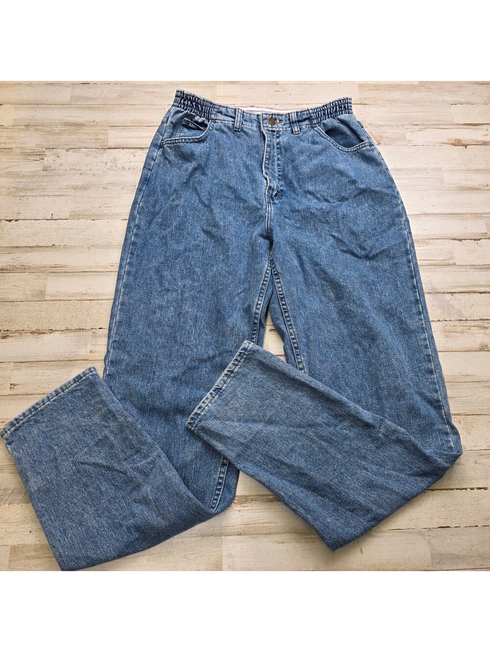 VTG 80s Lee Bareback Jeans 30-32x34 Light Blue Denim Elastic Waist Original